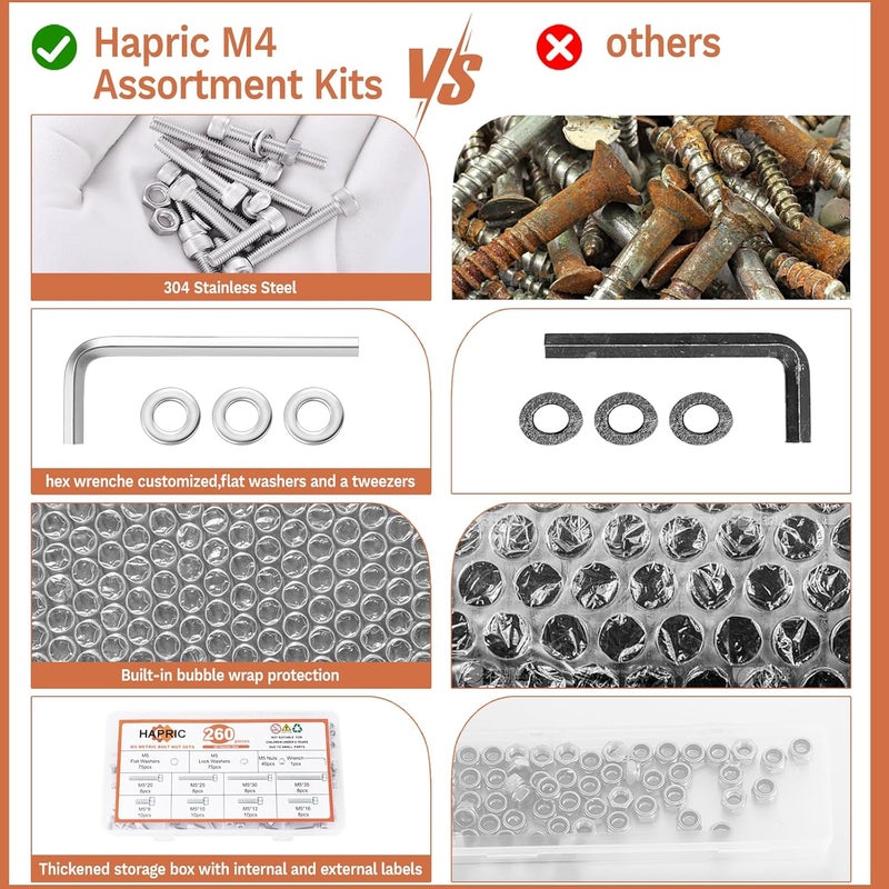 Hapric 260 Pcs M5 Screws Assortment Kit, M5 Bolts Kit M5x 8/10/12/16/20/25/30/35mm, 304 Stainless Steel Hex Socket Head Screws Nuts Bolts and Washers Set - Image 4